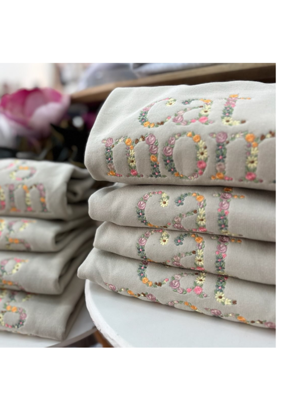 Meghan Ashley Designs Cat Mom Floral Embroidered Crewneck-Sand