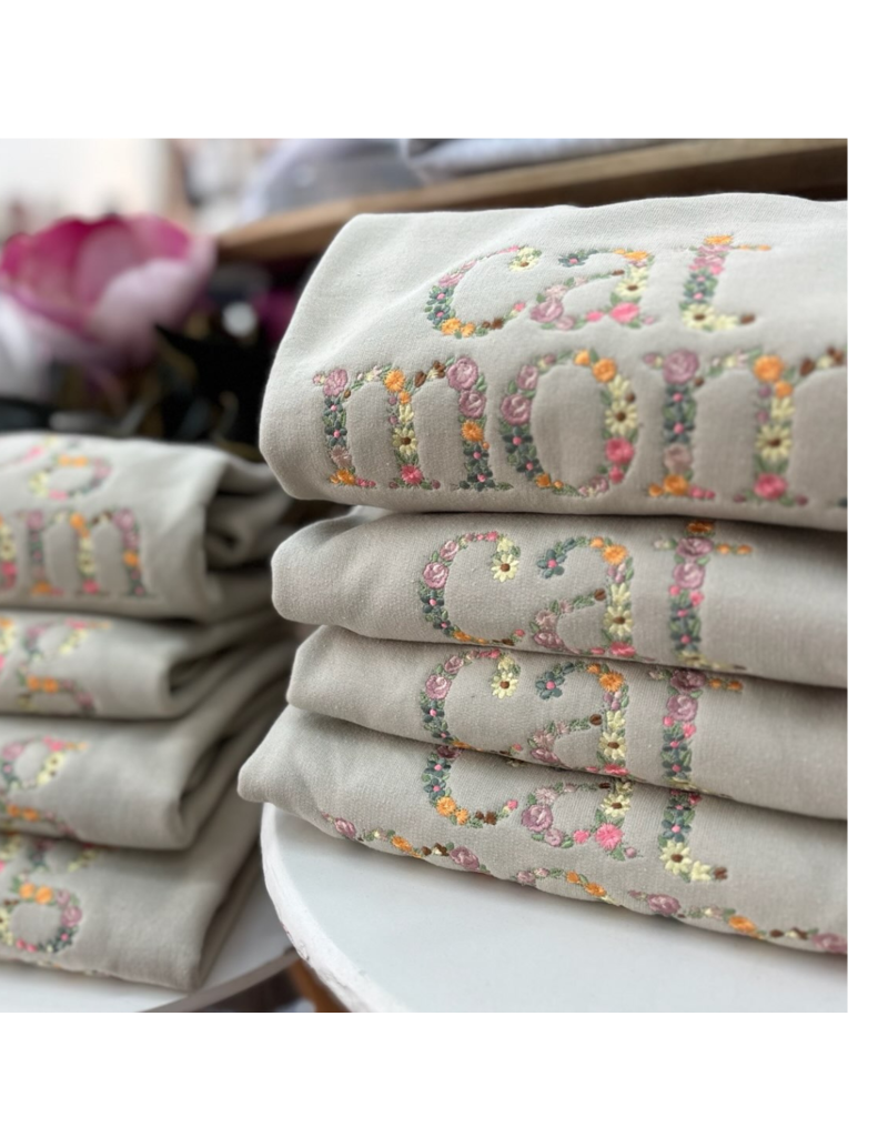 Meghan Ashley Designs Cat Mom Floral Embroidered Crewneck-Sand