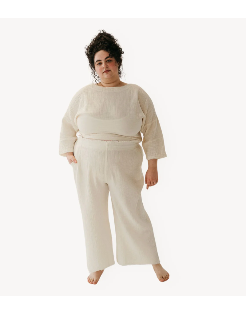 Pokoloko Crinkle Drawstring Palazzo Pants -Cream-Plus Sizes /One Size