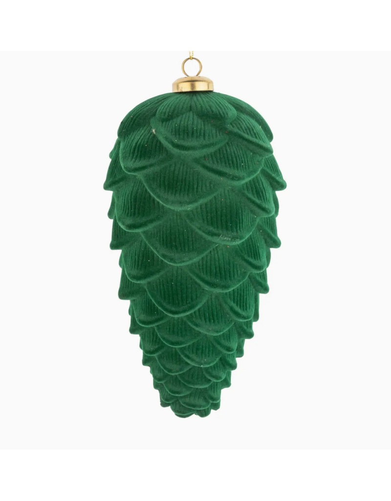 Silver Tree Dark Green Flock Pinecone Orn-7.5"