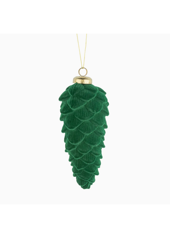 Silver Tree Dark Green Flock Pinecone Ornament