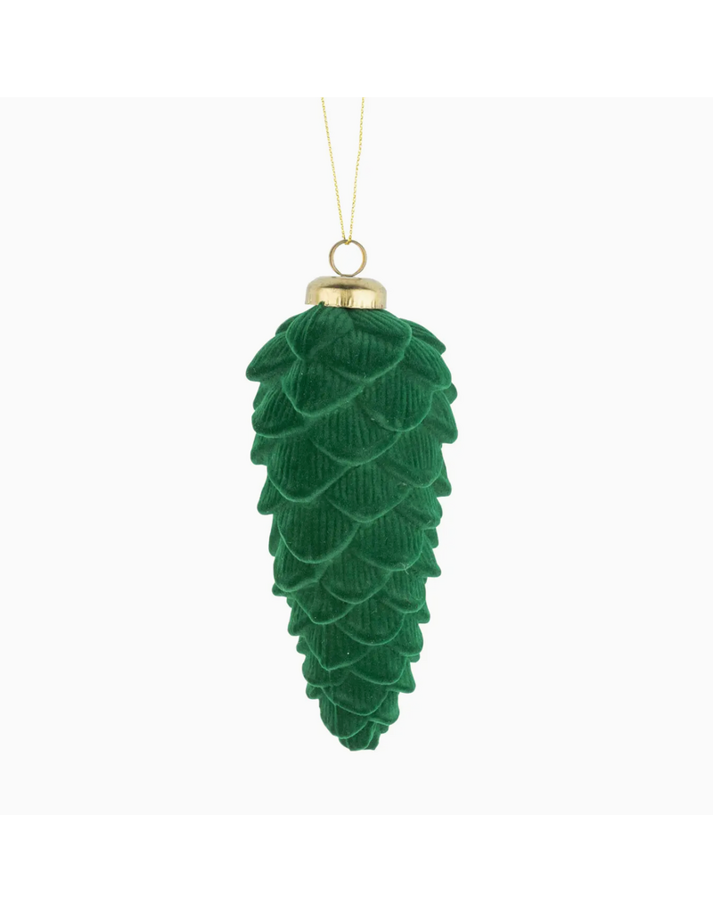 Silver Tree Dark Green Flock Pinecone Ornament