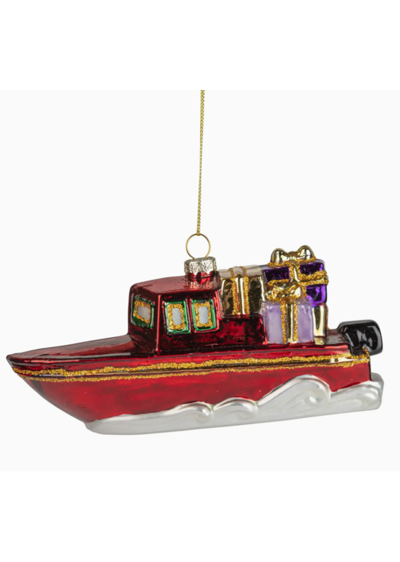 Silver Tree Glass Motor Boat Orn