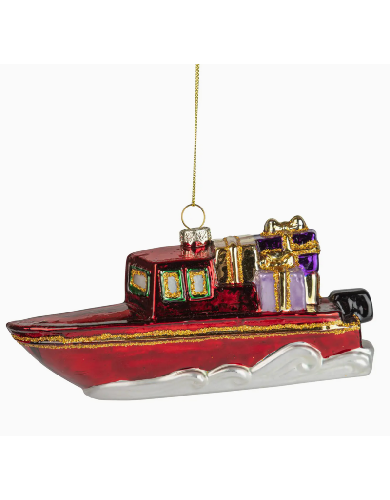 Silver Tree Glass Motor Boat Orn