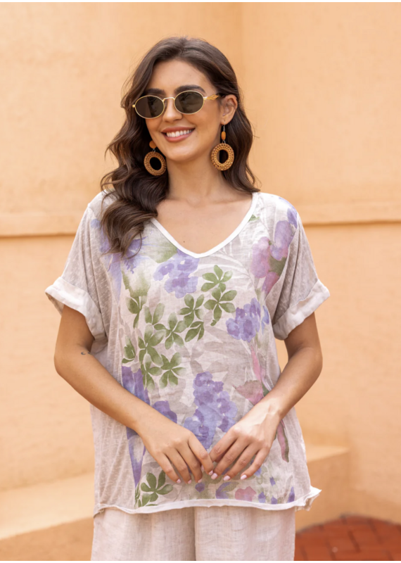 Orange Fashion Floral Print Top-Purple Flower