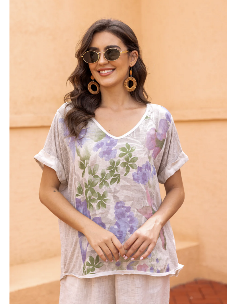 Orange Fashion Floral Print Top-Purple Flower