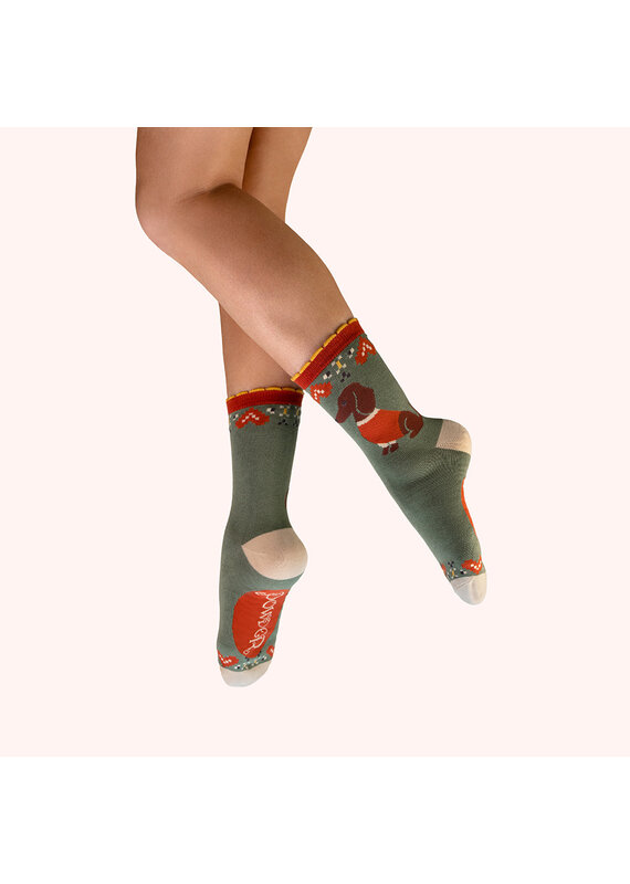 Powder Design Ltd Snuggle Sausage Dogs Ankle Socks - Olive