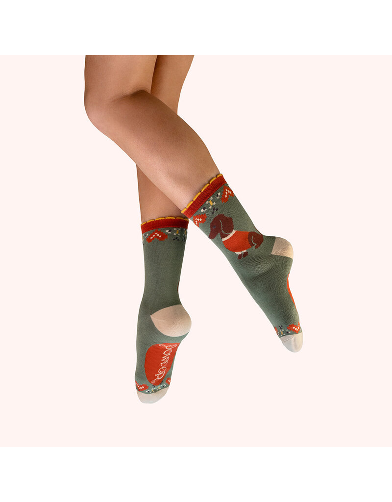 Powder Design Ltd Snuggle Sausage Dogs Ankle Socks - Olive