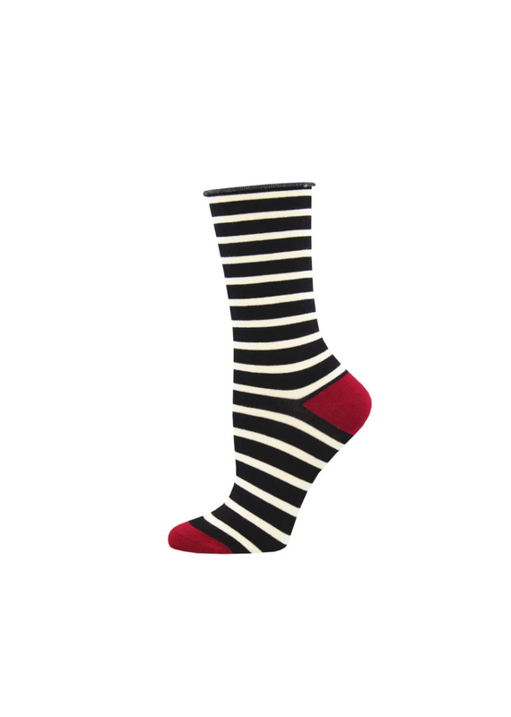 Socksmith Canada Inc Bamboo-Sailor Stripe Roll Top-Black/Ladies