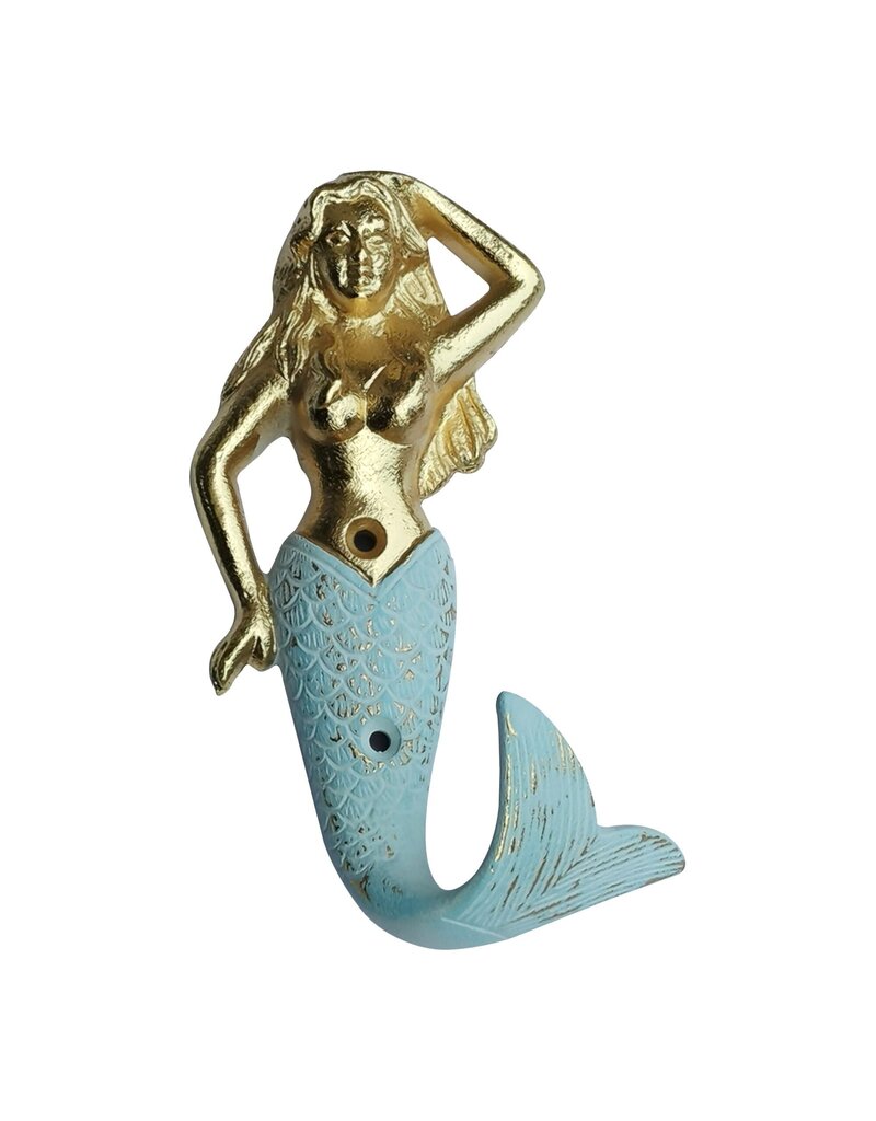 North American Country Home Mermaid Wall Hook-Blue Patina & Gold