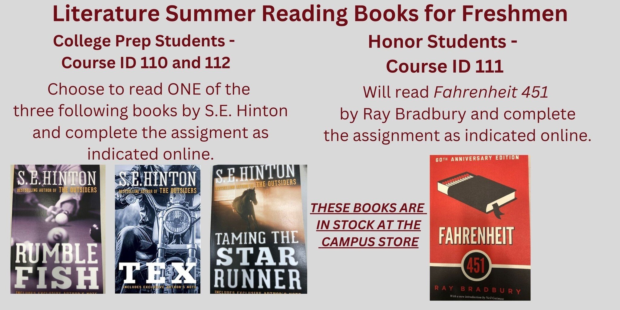 Freshmen Summer Reading Literature Books