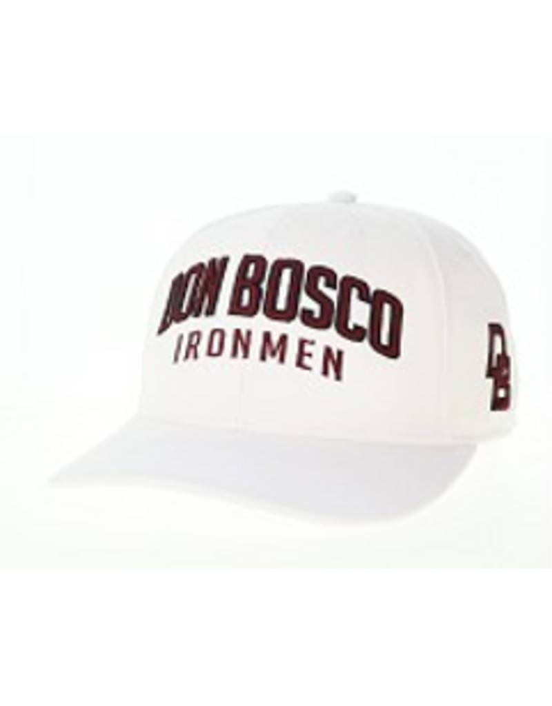 L2 Brand League Legacy White MPS hat with Don Bosco Ironmen front, DB on side