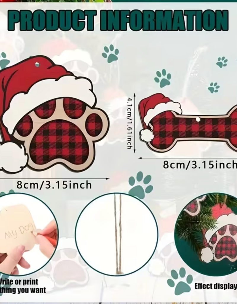 Temu Wooden 2D Flat Ornament - Assorted Christmas Paw Print or Bone 1pc.