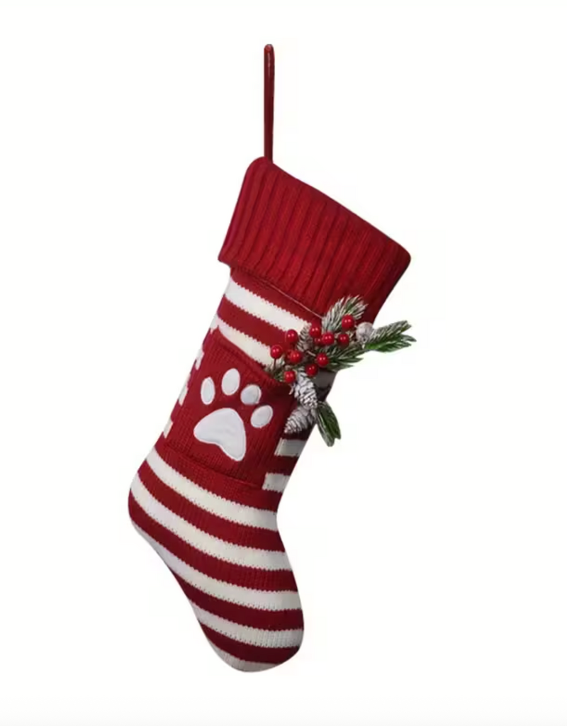 Temu Christmas Stripped Stocking - Red Paw Print 1pc.