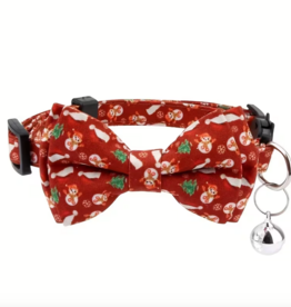 Temu Adjustable Cat Collar with Bell & Bowtie - Christmas Pattern Burgundy 1pc.