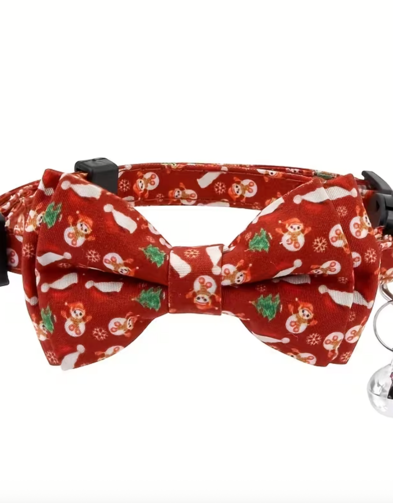 Temu Adjustable Cat Collar with Bell & Bowtie - Christmas Pattern Burgundy 1pc.