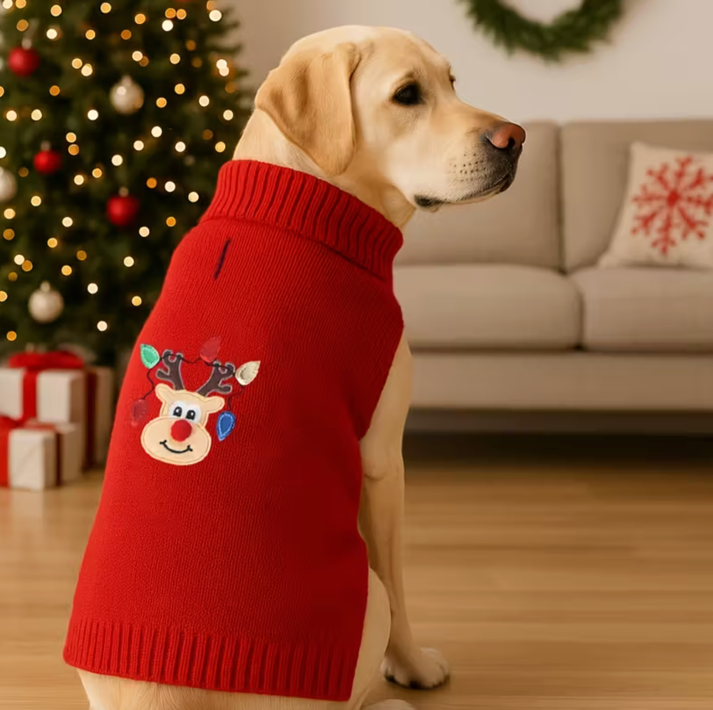 Temu Christmas Sweater - Red with Reindeer - Large - Pet Central Limited
