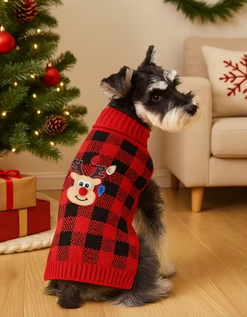 Temu Christmas Sweater - Checkered Red with Reindeer - XSmall