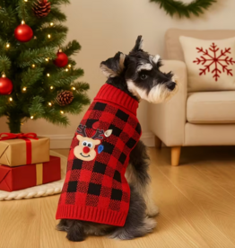 Temu Christmas Sweater - Checkered Red with Reindeer - Small