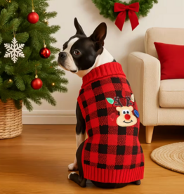 Temu Christmas Sweater - Checkered Red with Reindeer - Medium