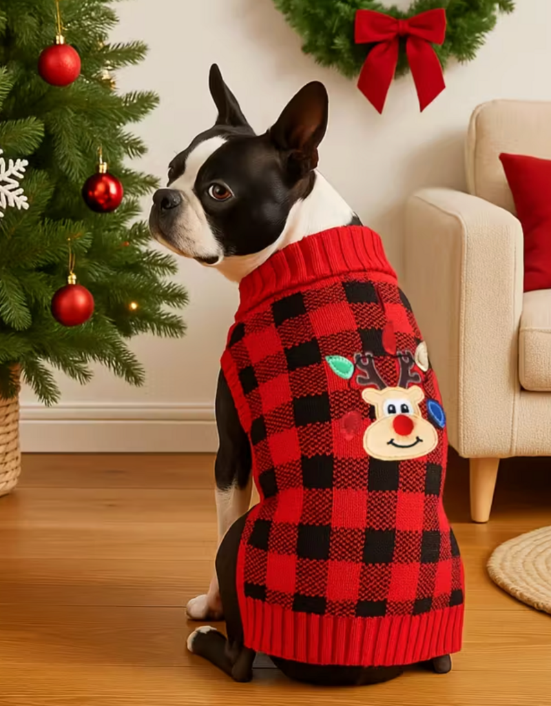 Temu Christmas Sweater - Checkered Red with Reindeer - Medium