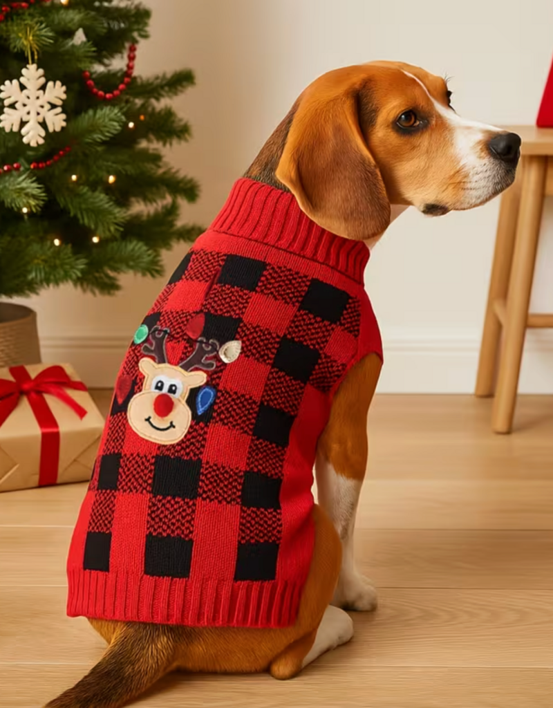 Temu Christmas Sweater - Checkered Red with Reindeer - Large