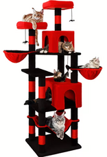 Temu Amhancible Cat Tree Tower with Scratching Posts, Perches, Cat Houses & Dangling Toy - Red & Black