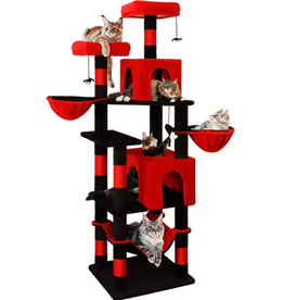 Temu Amhancible Cat Tree Tower with Scratching Posts, Perches, Cat Houses & Dangling Toy - Red & Black