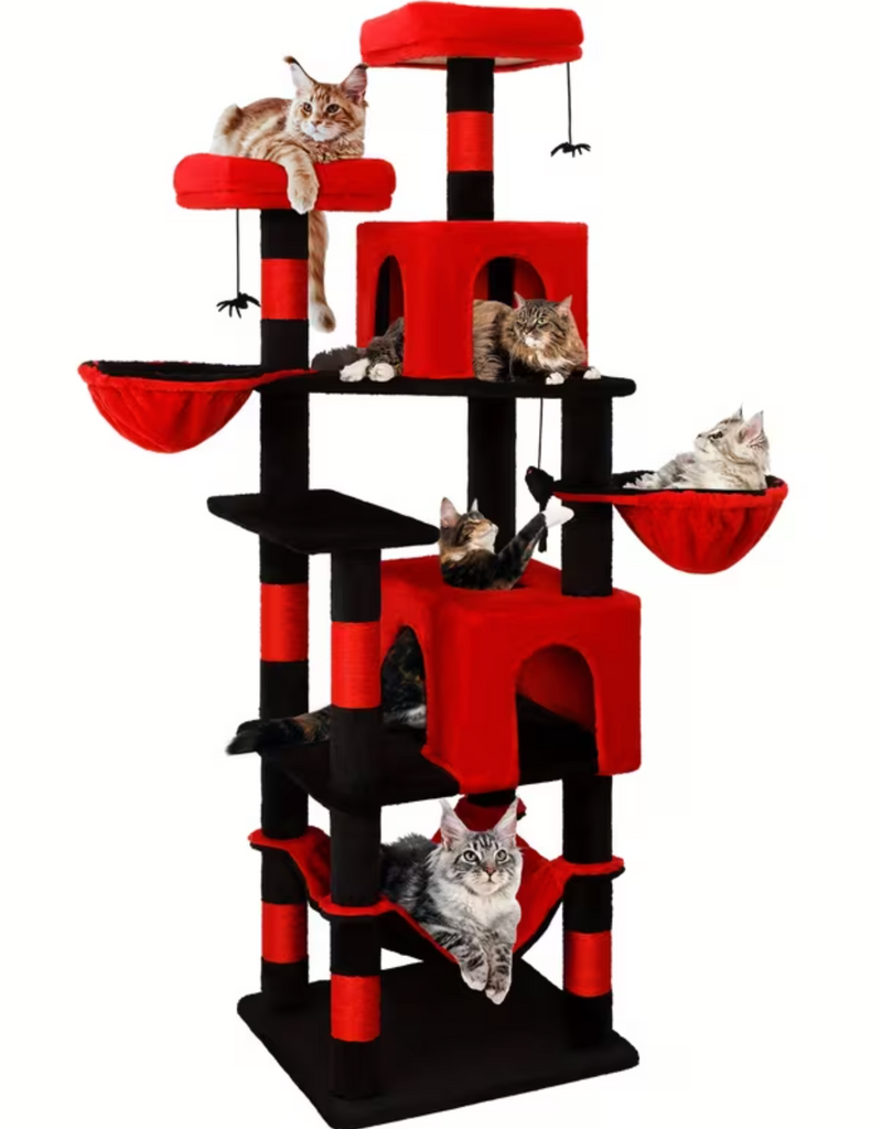 Temu Amhancible Cat Tree Tower with Scratching Posts, Perches, Cat Houses & Dangling Toy - Red & Black