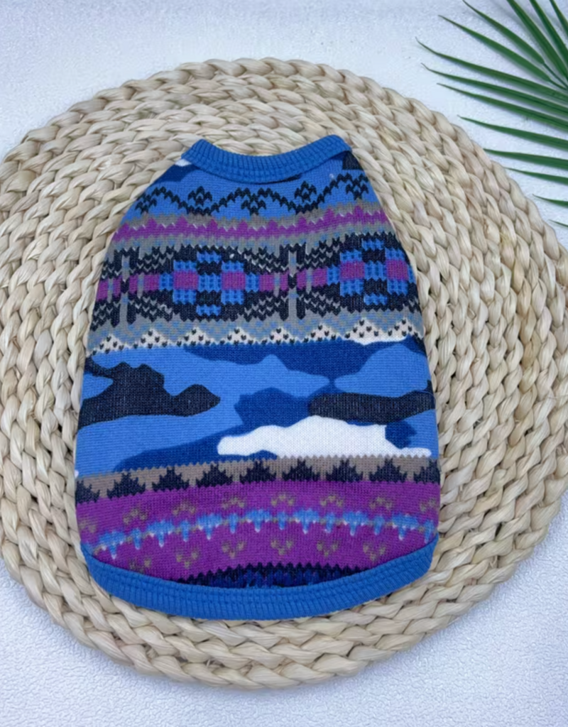Temu Knitted Dog Sweater - Blue & Purple Pattern - MD