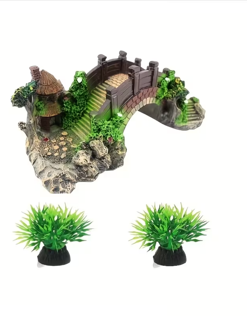 Temu Stone Arch Bridge & Plants - Aquarium Decoration 3pc Kit