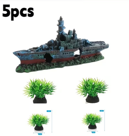 Temu Shipewreck & Plants - Aquarium Decoration 5pc Kit
