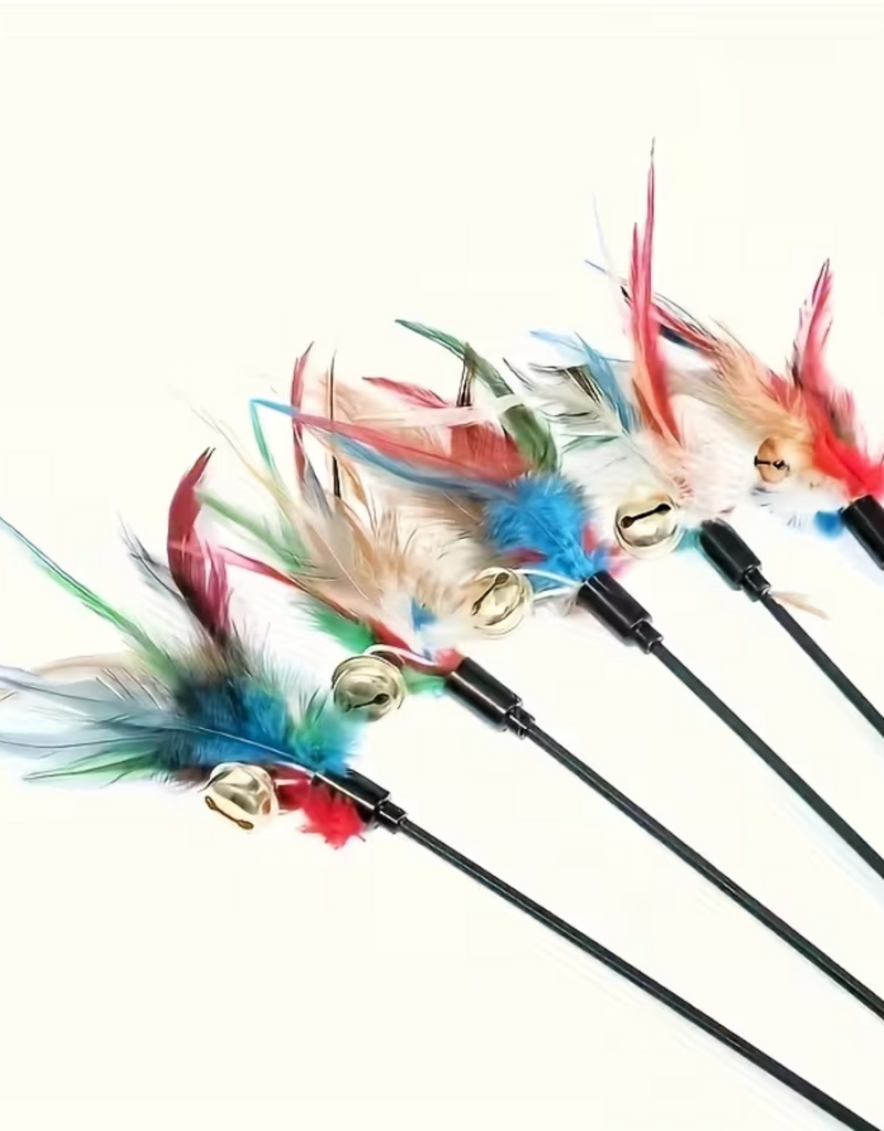 Temu Wand Cat Toy with Feathers & Bells - Assorted Colours 1pc