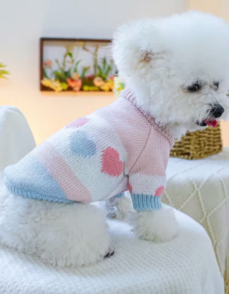 Temu Knitted Dog Sweater - Pink, Blue & White with Hearts - MD