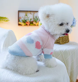 Temu Knitted Dog Sweater - Pink, Blue & White with Hearts - SM