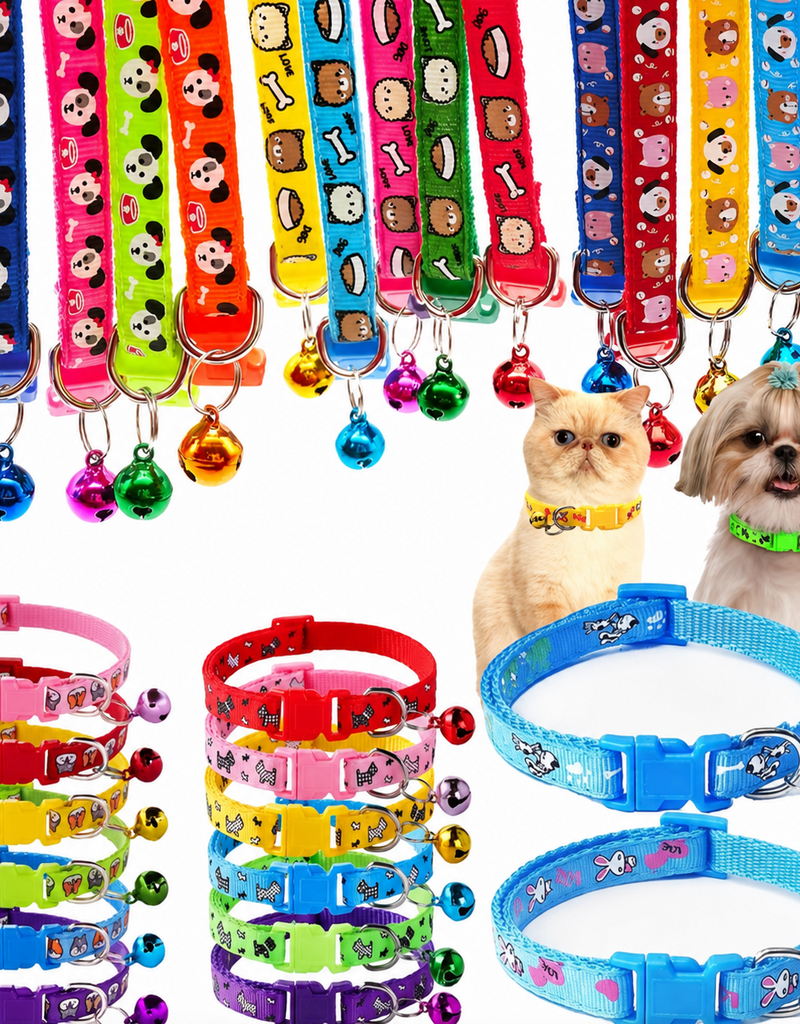 Temu Adjustable Pet Collar with Bell - Assorted Colors/Patterns - 1pc.