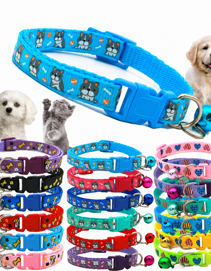 Temu Adjustable Pet Collar with Bell - Assorted Colors/Patterns - 1pc.