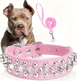 Temu Spiked Adjustable Dog Collar & Leash Set - Pink - MD