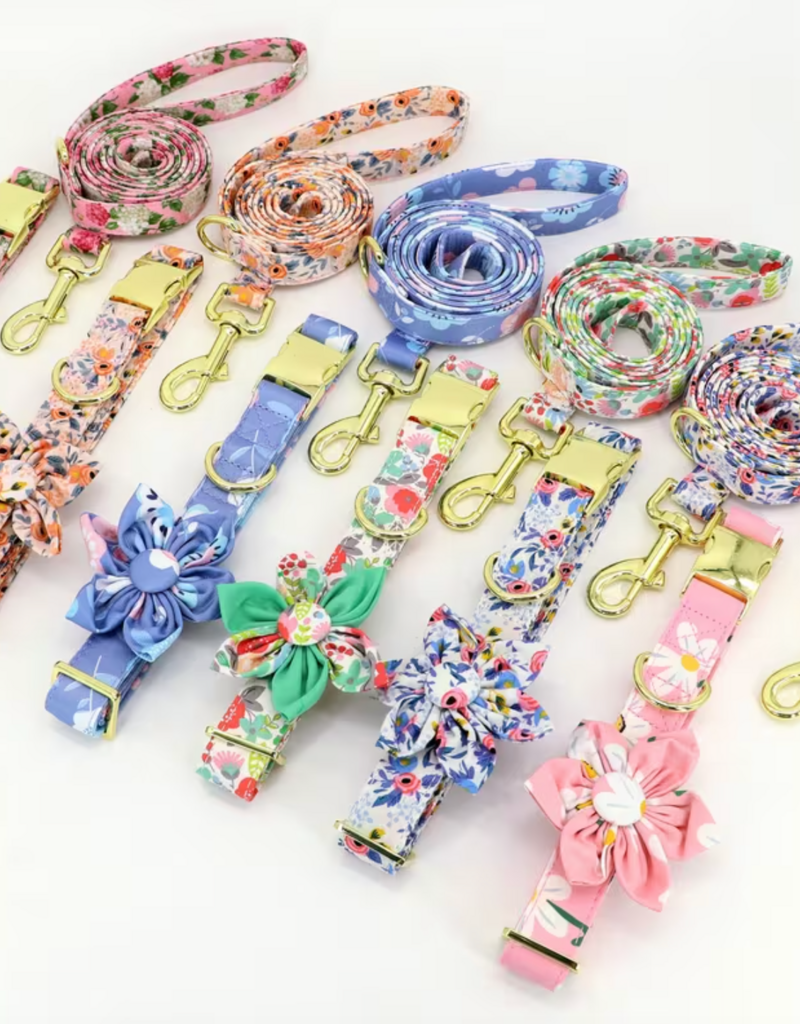Temu Adjustable Dog Collar & Leash Set - Assorted Floral Patterns - XS