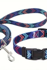 Temu Adjustable Dog Collar & Leash Set - Navy Pattern - LG