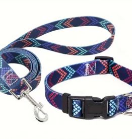 Temu Adjustable Dog Collar & Leash Set - Navy Pattern - LG