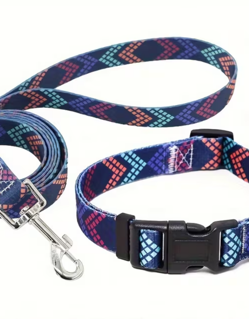 Temu Adjustable Dog Collar & Leash Set - Navy Pattern - LG