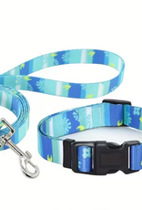 Temu Adjustable Dog Collar & Leash Set - Cyan Pattern - LG