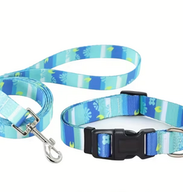 Temu Adjustable Dog Collar & Leash Set - Cyan Pattern - LG