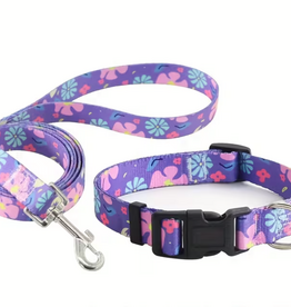 Temu Adjustable Dog Collar & Leash Set - Violet Pattern - LG