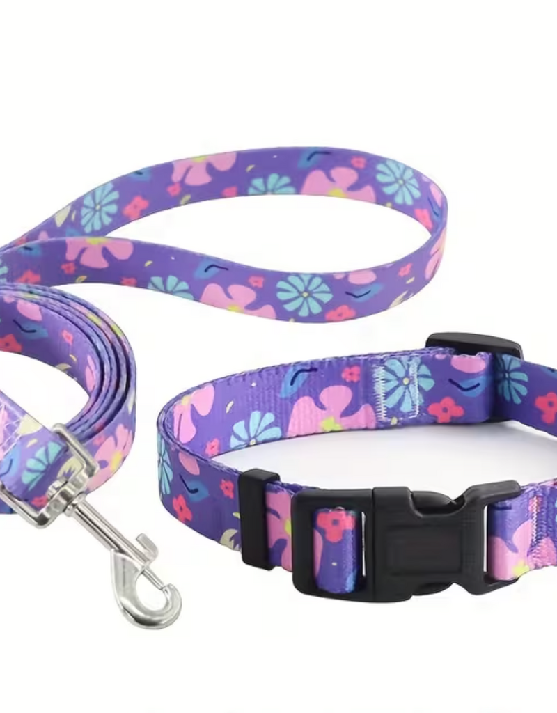 Temu Adjustable Dog Collar & Leash Set - Violet Pattern - LG