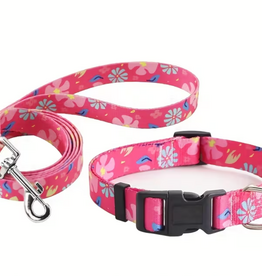 Temu Adjustable Dog Collar & Leash Set - Pink Pattern - LG