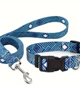 Temu Adjustable Dog Collar & Leash Set - Peacock Blue Pattern - XS
