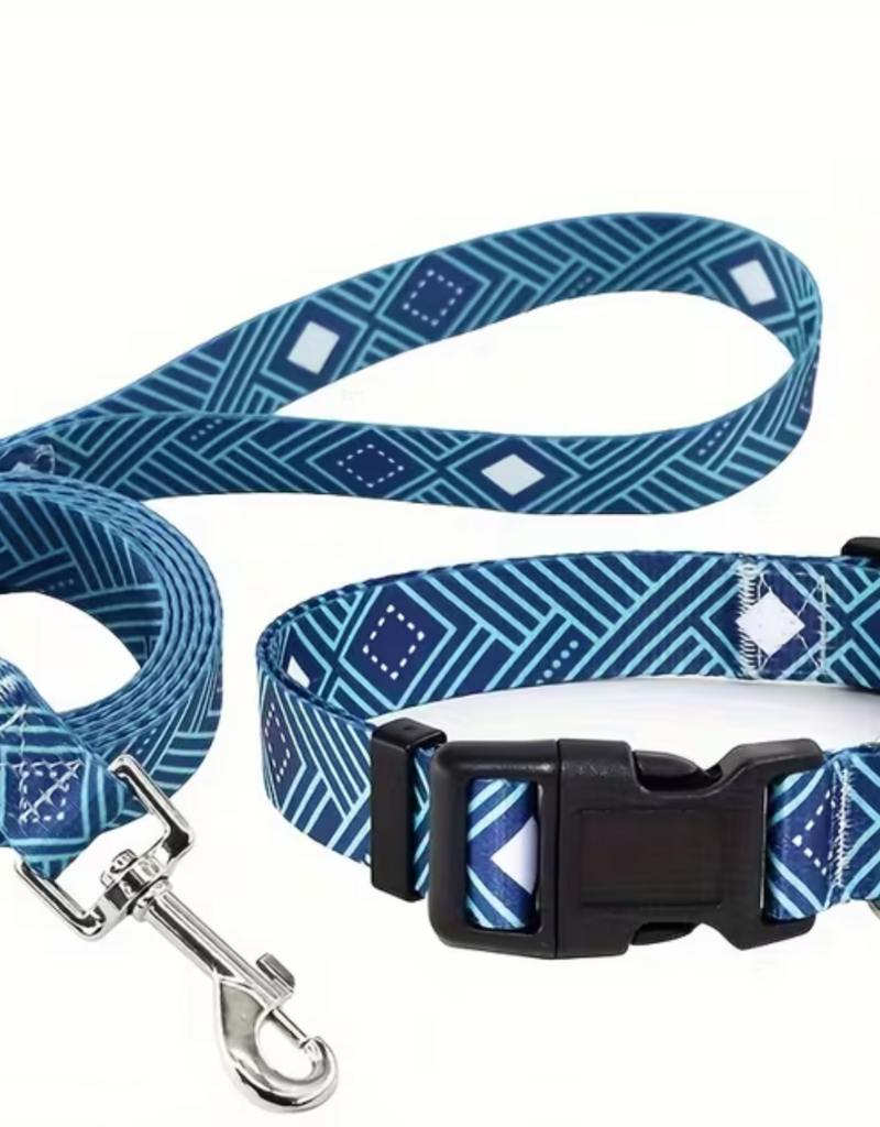 Temu Adjustable Dog Collar & Leash Set - Peacock Blue Pattern - XS