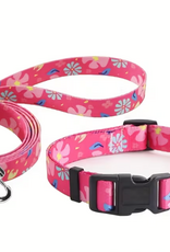 Temu Adjustable Dog Collar & Leash Set - Pink Pattern - XS